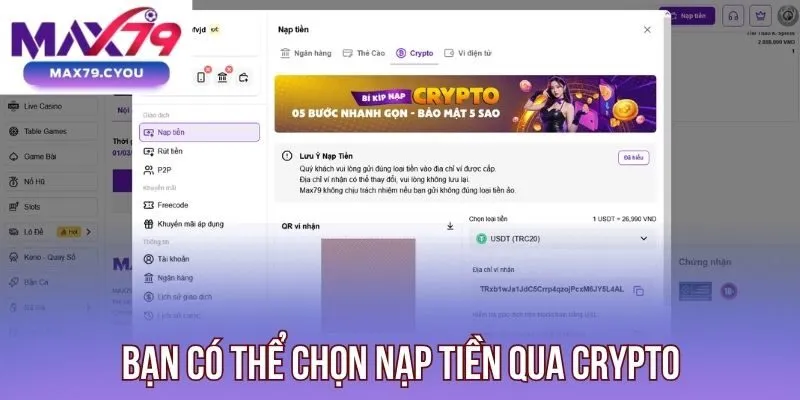 Bạn có thể chọn nạp tiền qua crypto