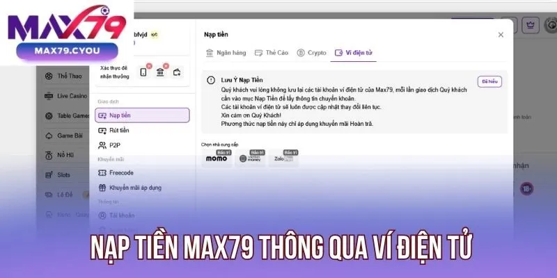 Nạp tiền Max79 thông qua ví điện tử 